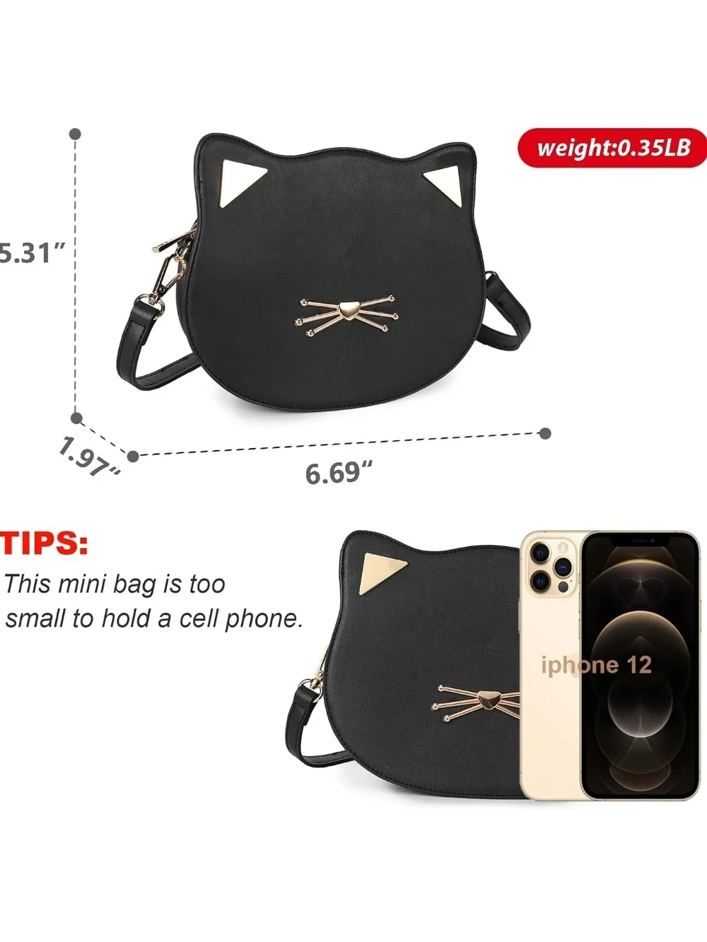 Black Cat-Shaped Crossbody Bag with Gold Accents